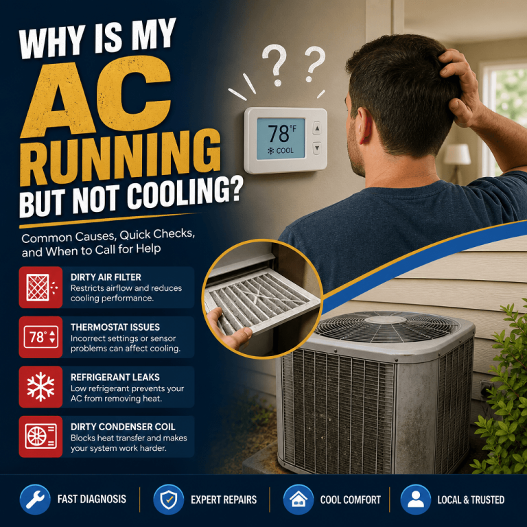 Technician inspecting an air conditioner that is running but not cooling, for AC repair on Long Island.